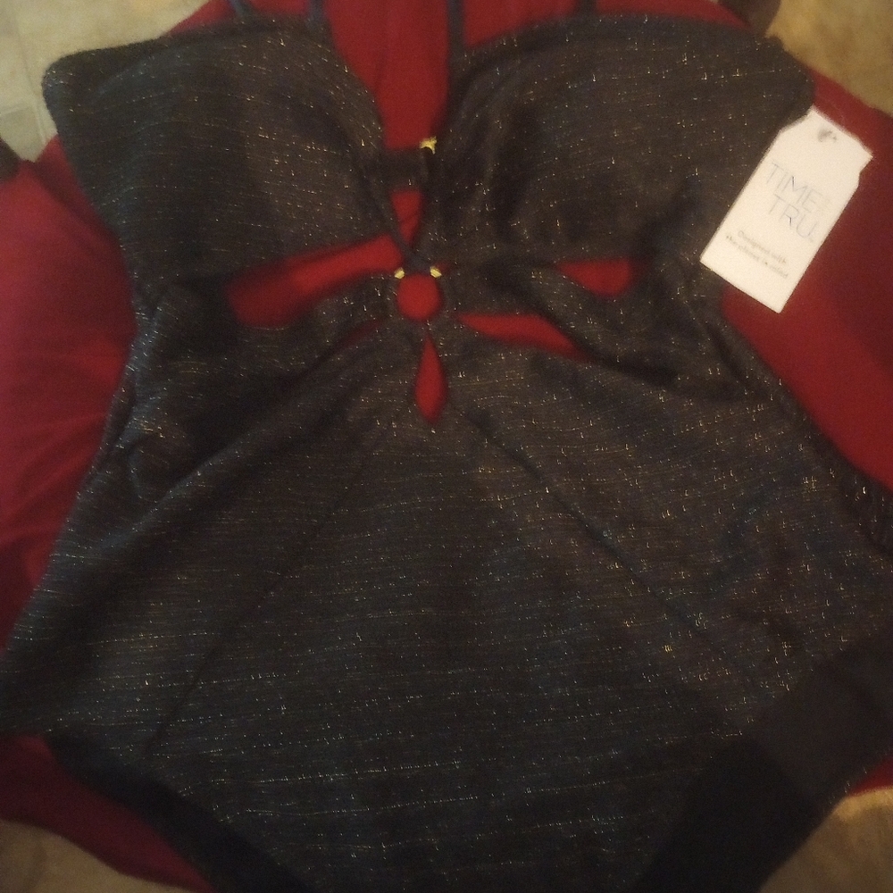 NWT XL 14/16 Time & Tru black shiny gourgous One Pc. Bathing Suit